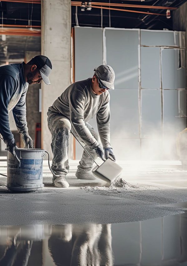 Construction site builders setting self levelling liquid cement on the building floor
