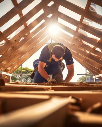 Building tradesman working on a wooden roof structure